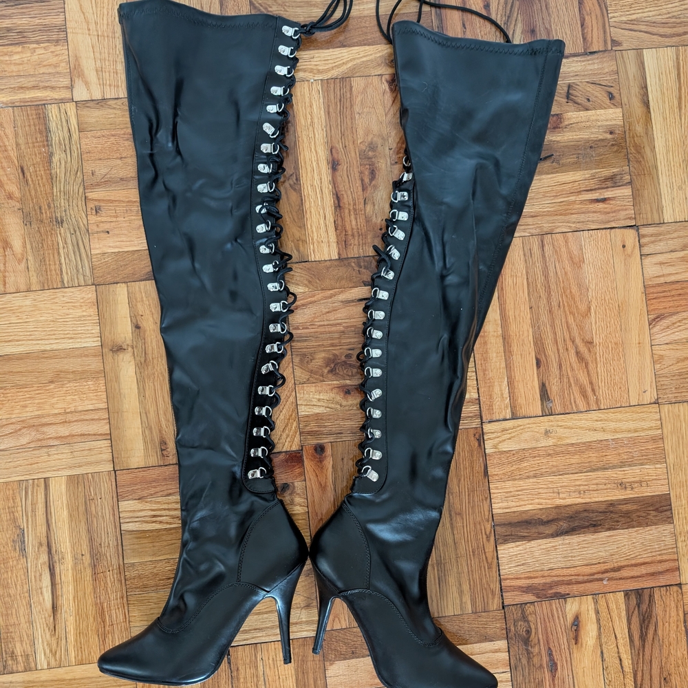 Pleaser Black Over-the-Knee Lace-Up Boots